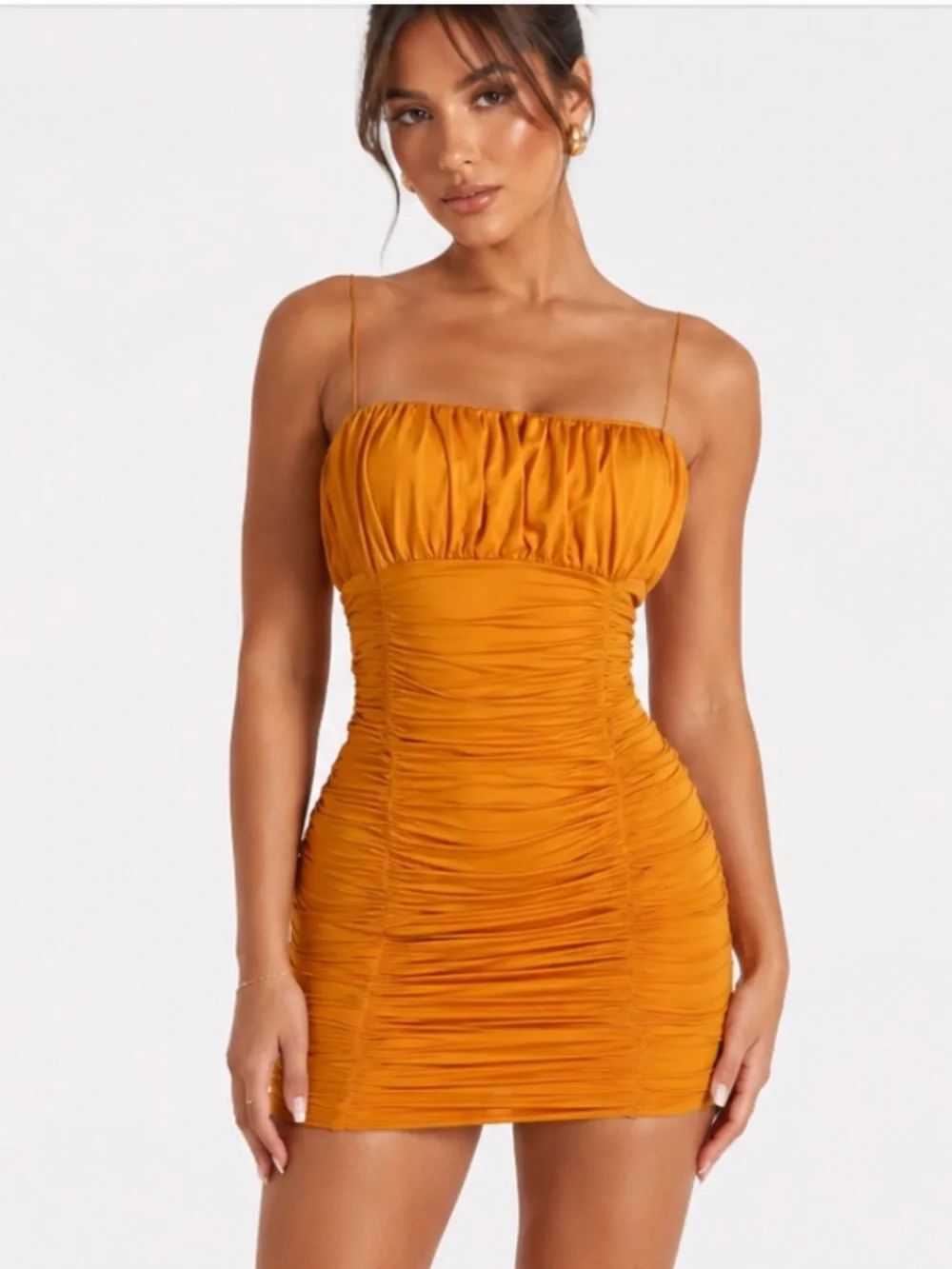MESHKI Yellow Ruched Bodycon Spaghetti Mini Dress Women Size M